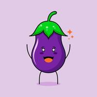 lindo personaje de berenjena con sonrisa y expresión feliz, dos manos arriba, boca abierta y ojos brillantes. verde y morado. adecuado para emoticonos, logotipos, mascotas e iconos vector