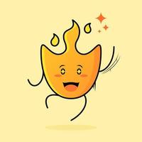 cute fire cartoon with happy expression. jump, one hand up, mouth open and sparkling eyes. suitable for logos, icons, symbols or mascots vector