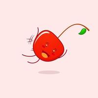 cute cherry cartoon character with happy expression. jump fly, mouth open and sparkling eyes. suitable for logos, icons, symbols or mascots. red and green vector