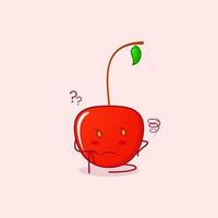 lindo personaje de dibujos animados de cereza con expresión de pensamiento y sentarse. rojo y verde. adecuado para emoticonos, logotipos, mascotas y símbolos vector