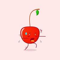 lindo personaje de dibujos animados de cereza con expresión de miedo y correr. verde y rojo. adecuado para emoticonos, logotipos, mascotas o pegatinas vector