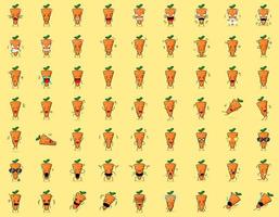 collection of cute carrot cartoon character expressions. angry, thinking, crying, sad, confused, flat, happy, scared, shocked, dizzy, hopeless, sleeping. suitable for emoticon, logo and mascot vector