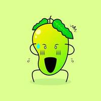 lindo personaje de mango con expresión de asombro, dos manos en la cabeza y la boca abierta. verde y naranja. adecuado para emoticonos, logotipos, mascotas o pegatinas vector