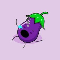 lindo personaje de berenjena con expresión de sueño, acostarse, cerrar los ojos y abrir la boca. verde y morado. adecuado para emoticonos, logotipos, mascotas e iconos vector