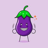 cute eggplant character with smile and happy expression, sparkling eyes and smiling. green and purple. suitable for emoticon, logo, mascot and icon vector