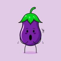 lindo personaje de berenjena con expresión impresionada y boca abierta. verde y morado. adecuado para emoticonos, logotipos, mascotas e iconos vector