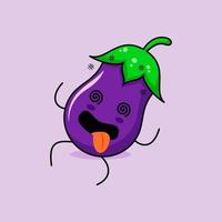 lindo personaje de berenjena con expresión mareada, ojos rodantes, tumbado y lengua fuera. verde y morado. adecuado para emoticonos, logotipos, mascotas e iconos vector