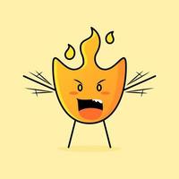 cute fire cartoon with angry expression. mouth open and hands shaking. suitable for logos, icons, symbols or mascots vector