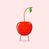 lindo personaje de dibujos animados de cereza con expresión enojada. una mano en la barbilla. rojo y verde. adecuado para logotipos, iconos, símbolos o mascotas vector