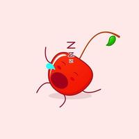 cute cherry cartoon character with sleep expression, lie down, close eyes and mouth open. green and red. suitable for emoticon, logo, mascot and icon vector