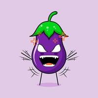 cute eggplant character with angry expression. both hands raised, eyes bulging and mouth wide open. green and purple. suitable for emoticon, logo, mascot vector