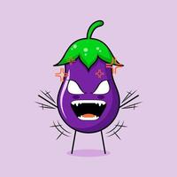 lindo personaje de berenjena con expresión enojada. ambas manos levantadas, los ojos desorbitados y la boca bien abierta. verde y morado. adecuado para emoticonos, logotipos, mascotas vector