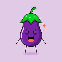 lindo personaje de berenjena con sonrisa y expresión feliz, boca abierta y ojos brillantes. verde y morado. adecuado para emoticonos, logotipos, mascotas e iconos vector