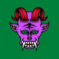 ilustración de una cabeza de demonio púrpura con cuernos rojos, ojos verdes y colmillos blancos. adecuado para el diseño de mascotas, logotipos o camisetas vector