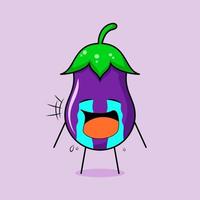 cute eggplant character with crying expression, tears and mouth open. green and purple. suitable for emoticon, logo, mascot vector