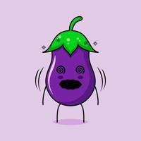 lindo personaje de berenjena con expresión mareada y ojos rodantes. verde y morado. adecuado para emoticonos, logotipos, mascotas e iconos vector