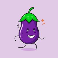 lindo personaje de berenjena con expresión feliz, ojos brillantes, correr y sonreír. verde y morado. adecuado para emoticonos, logotipos, mascotas e iconos vector