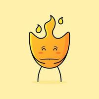 linda caricatura de fuego con expresión feliz. cerrar los ojos, ambas manos en el estómago y sonriendo. adecuado para logotipos, iconos, símbolos o mascotas vector