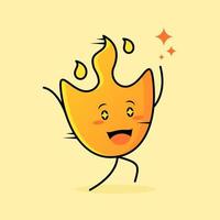 linda caricatura de fuego con expresión feliz. correr, dos manos arriba y ojos chispeantes. adecuado para logotipos, iconos, símbolos o mascotas vector