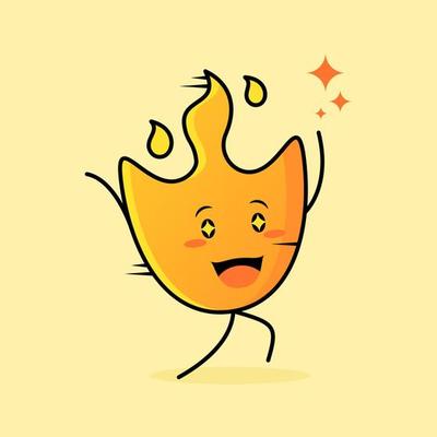 cute fire cartoon with happy expression. run, two hands up and sparkling eyes. suitable for logos, icons, symbols or mascots