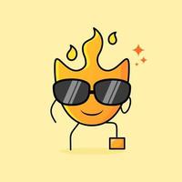cute fire cartoon with smile expression. black eyeglasses, one leg raised and one hand holding glasses. suitable for logos, icons, symbols or mascots