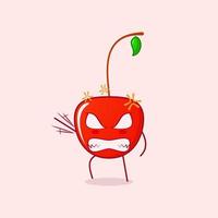 cute cherry cartoon character with very angry expression.hand shaking, eyes bulging and teeth grinning. red and green. suitable for logos, icons, symbols or mascots vector