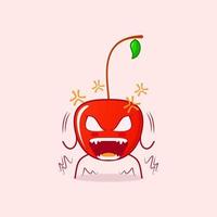 cute cherry cartoon character with very angry expression. mouth open and eyes bulging. red and green. suitable for logos, icons, symbols or mascots