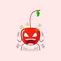 cute cherry cartoon character with very angry expression. mouth open and eyes bulging. red and green. suitable for logos, icons, symbols or mascots vector