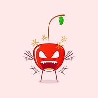 lindo personaje de dibujos animados de cereza con expresión muy enojada. manos temblorosas, boca abierta y ojos saltones. rojo y verde. adecuado para logotipos, iconos, símbolos o mascotas
