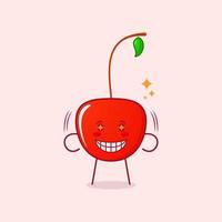 lindo personaje de dibujos animados de cereza con ojos brillantes, sonrisa y expresión feliz. adecuado para logotipos, iconos, símbolos o mascotas. rojo y verde vector