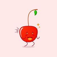 lindo personaje de dibujos animados de cereza con expresión feliz. dos manos apretadas y ojos brillantes. adecuado para logotipos, iconos, símbolos o mascotas. rojo y verde vector