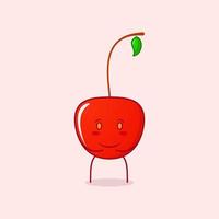 lindo personaje de dibujos animados de cereza con ambas manos en el estómago, sonrisa y expresión feliz. adecuado para logotipos, iconos, símbolos o mascotas. rojo y verde vector