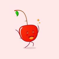 cute cherry cartoon character with happy expression. run, two hands up and sparkling eyes. suitable for logos, icons, symbols or mascots. red and green vector