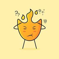 cute fire cartoon with thinking expression and both hands above head. suitable for logos, icons, symbols or mascots vector