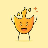 linda caricatura de fuego con expresión feliz. dos manos arriba, boca abierta y ojos chispeantes. adecuado para logotipos, iconos, símbolos o mascotas