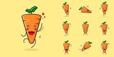 cute carrot character with smile and happy expression, jump, mouth open and sparkling eyes. green and orange. suitable for emoticon, logo, mascot and icon vector