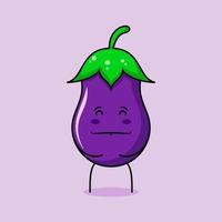 lindo personaje de berenjena con sonrisa y expresión feliz, ojos cerrados, ambas manos en el estómago y sonriendo. verde y morado. adecuado para emoticonos, logotipos, mascotas e iconos vector