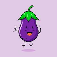 lindo personaje de berenjena con sonrisa y expresión feliz, salta, cierra los ojos y abre la boca. verde y morado. adecuado para emoticonos, logotipos, mascotas e iconos vector