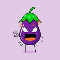 cute eggplant character with angry expression. green and purple. suitable for emoticon, logo, mascot. one hand raised, eyes bulging and mouth wide open vector