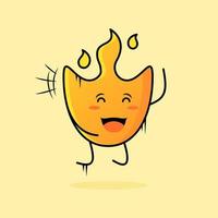 cute fire cartoon with smile and happy expression. jump, close eyes and mouth open suitable for emoticon, logo, icon, mascot, symbol and sign vector