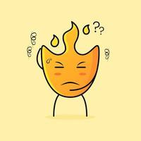 cute fire cartoon with thinking expression. Eyes closed and hands above head. suitable for logos, icons, symbols or mascots vector