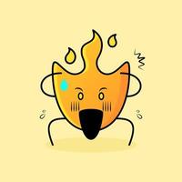 linda caricatura de fuego con expresión sorprendida. manos en la cabeza y boca abierta. adecuado para logotipos, iconos, símbolos o mascotas vector