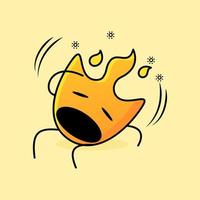 cute fire cartoon with dizzy expression. mouth open, eyes closed and hands on head. suitable for logos, icons, symbols or mascots vector