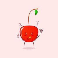 lindo personaje de dibujos animados de cereza con expresión de pensamiento y mano colocada en la barbilla. rojo y verde. adecuado para emoticonos, logotipos, mascotas y símbolos vector