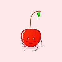 lindo personaje de dibujos animados de cereza con expresión seria y sentarse. adecuado para logotipos, iconos, símbolos o mascotas. rojo y verde vector