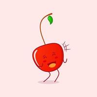 lindo personaje de dibujos animados de cereza con expresión feliz. cierra los ojos y abre la boca. adecuado para logotipos, iconos, símbolos o mascotas. rojo y verde vector