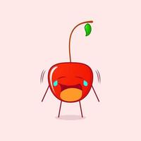 lindo personaje de dibujos animados de cereza con expresión de llanto. adecuado para emoticonos, logotipos, mascotas y símbolos. rojo y verde vector