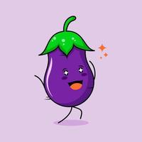 lindo personaje de berenjena con sonrisa y expresión feliz, correr, dos manos arriba y ojos brillantes. verde y morado. adecuado para emoticonos, logotipos, mascotas e iconos vector