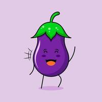 lindo personaje de berenjena con sonrisa y expresión feliz, ojos cerrados y una mano arriba. verde y morado. adecuado para emoticonos, logotipos, mascotas e iconos vector