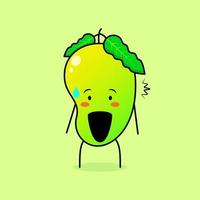 lindo personaje de mango con expresión sorprendida y boca abierta. verde y naranja. adecuado para emoticonos, logotipos, mascotas o pegatinas vector